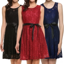 Elegant Solid Color Sleeveless Round Neck Lace Dress