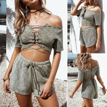 Sexy Boat Neck Lace-up Crop Top + High Waist Shorts Two-piece Set