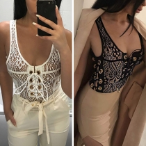 Sexy Backless U-neck Hollow Out Lace-up Lace Bodysuit