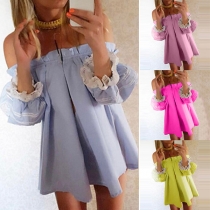 Sexy Off-shoulder Boat Neck Lace Spliced Puff Sleeve Dress