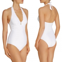 Sexy Backless Deep V-neck Solid Color Halter One-piece Swimsuit