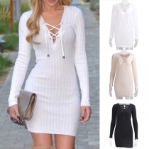 Sexy Lace-up Deep V-neck Long Sleeve Solid Color Tight Dress