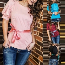 Fashion Solid Color Short Sleeve Round Neck T-shirt with Waist Strap
