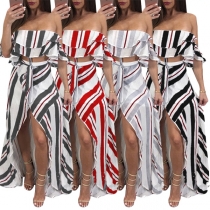 Sexy Ruffle Crop Top + High Waist Slit Hem Skirt Striped Two-piece Set