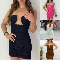 Sexy Strapless Deep V-neck Solid Color Bodycon Dress