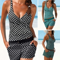 Sexy V-neck Swimsuit Top + Shorts Dots Printed Swimsuit Set