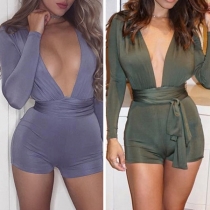 Sexy Deep V-neck Long Sleeve Solid Color High Waist Tight Romper