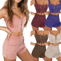 Sexy Backless Sleeveless Crop Top + High Waist Shorts Lace-up Two-piece Set