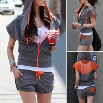 Fashion Contrast Color Gauze Spliced Short Sleeve Hooded Sports Suit