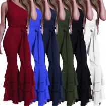 Sexy One-shoulder High Waist Solid Color Flared Jumpsuit