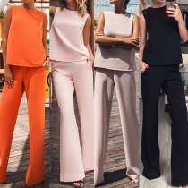 Fashion Solid Color Sleeveless Round Neck Top + High Waist Pants Two-piece Set