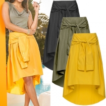 Fashion Solid Color High Waist High-low Hem Skirt