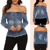 Sexy Off-shoulder Boat Neck Long Sleeve Single-breasted Denim Top