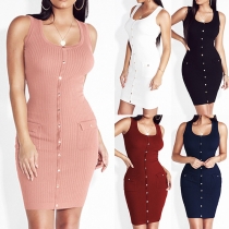 Fashion Solid Color Sleeveless Round Neck Single-breasted Tight Dress