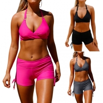 Sexy Backless Solid Color High Waist Halter Bikini Set