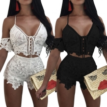 Sexy Off-shoulder V-neck Cami Top + High Waist Shorts Lace Two-piece Set