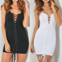 Elegant Solid Color Sleeveless Lace-up Tight Dress