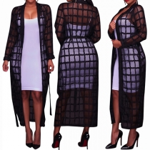Fashion Long Sleeve Slit Hem See-through Lace Cardigan