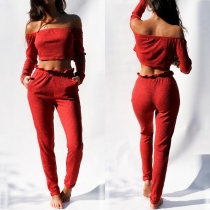 Sexy Off-shoulder Boat Neck Long Sleeve Crop Top + High Waist Pants Two-piece Set