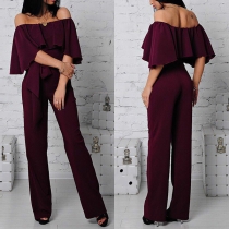 Sexy Off-shoulder Ruffle Boat Neck High Waist Solid Color Jumpsuit