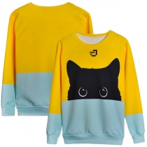 Cute Cat Printed Long Sleeve Round Neck Contrast Color Sweatshirt