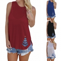 Fashion Solid Color Sleeveless Round Neck Ripped T-shirt