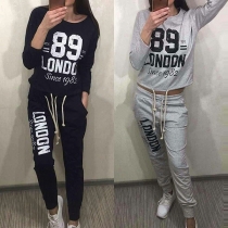 Fashion Letters Printed Long Sleeve Round Neck Sweatshirt + Pants Sports Suit