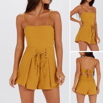 Sexy Backless Lace-up High Waist Solid Color Sling Romper