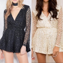 Sexy Deep V-neck Long Sleeve Sequin Spliced Lace Romper