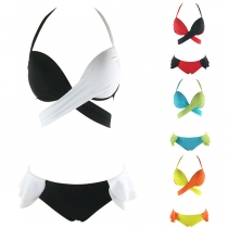 Sexy Contrast Color Push-up Crossover Halter Bikini Set