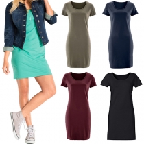 Simple Style Short Sleeve Round Neck Solid Color T-shirt Dress