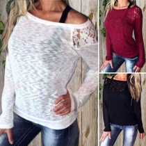 Fashion Solid Color Long Sleeve Round Neck Hollow Out Lace Spliced T-shirt