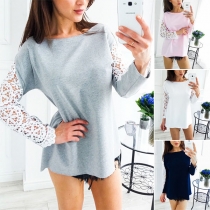 Fashion Hollow Out Lace Spliced Long Sleeve Round Neck T-shirt