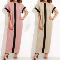 Fashion Contrast Color Short Sleeve Round Neck Maxi Dress
