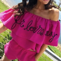 Sexy Sequin Letters Off-shoulder Ruffle Crop Top + High Waist Shorts Two-piece Set