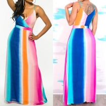 Sexy Backless V-neck High Waist Rainbow Sling Dress