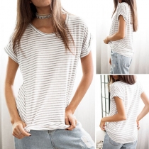 Fashion Short Sleeve Round Neck Striped T-shirt