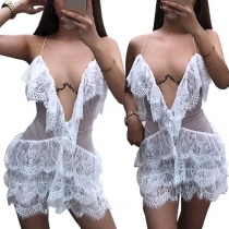 Sexy Backless Deep V-neck See-through Gauze Spliced Sling Lace Dress