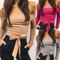 Sexy Off-shoulder Boat Neck Long Sleeve Lace-up Bowknot Hem Solid Color Crop Top