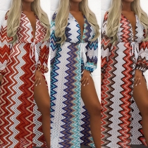 Bohemian Style Deep V-neck Slit Hem Colorful Wavy-stripe Printed Dress