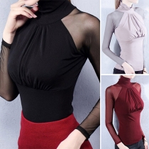 Sexy See-through Gauze Spliced Long Sleeve Turtleneck Solid Color T-shirt