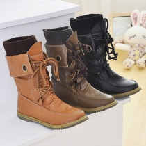 Fashion Round Toe Flat Heel Lace-up Boots Booties