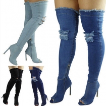 Distressed Style High Heel Peep Toe Over-the-knee Denim Boots