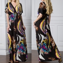 Bohemian Style Short Sleeve V-neck High Waist Printed Maxi Dress