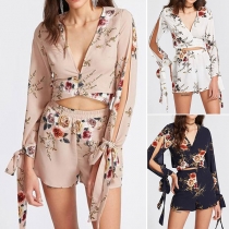 Sexy V-neck Slit Long Sleeve Crop Top + High Waist Shorts Printed Two-piece Set