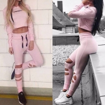 Sexy Hollow Out High Waist Solid Color Stretch Leggings