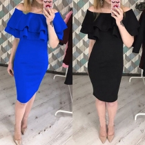 Sexy Off-shoulder Ruffle Boat Neck Solid Color Slim Fit Party Dress