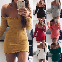Sexy Off-shoulder Boat Neck Long Sleeve Solid Color Knit Tight Dress