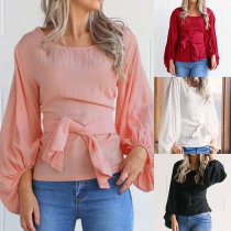 Fashion Solid Color Lantern Sleeve Round Neck Lace-up Top