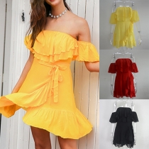 Sexy Off-shoulder Boat Neck Solid Color Ruffle Dress